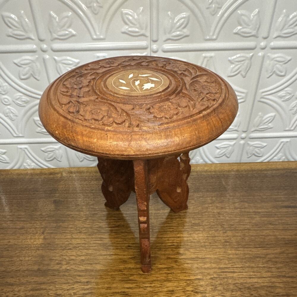 Vintage Carved India Teak Wood Tripod 7.5” Small Table Pedestal Display Inlay